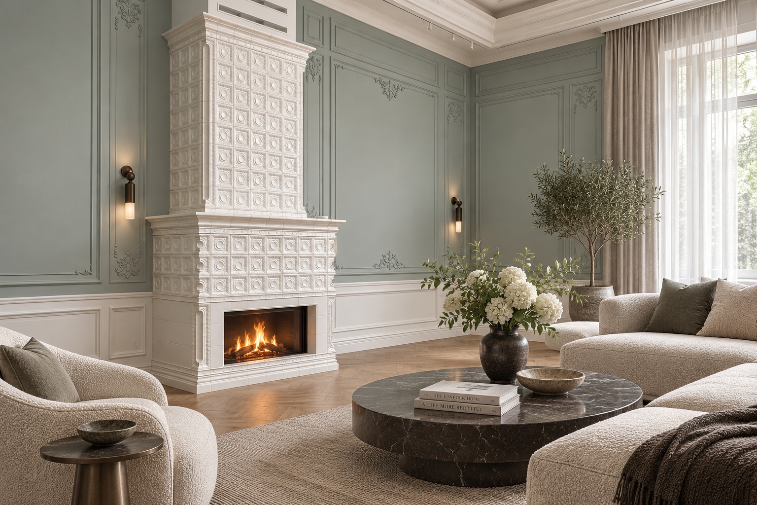 Камин в белых изразцах коллекции «Венская» мастерской Ceramica Decor с топкой Hoxter HAKA 110/51h
